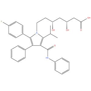 Atorvastatin calcium salt
Calcium (3R,5R)-7-[2-(4-fluorophenyl)-5-(1-methylethyl)-3- phenyl-4-(phenylcarbamoyl)-1H-pyrrol-1-yl]- 3,5dihydroxyheptanoate